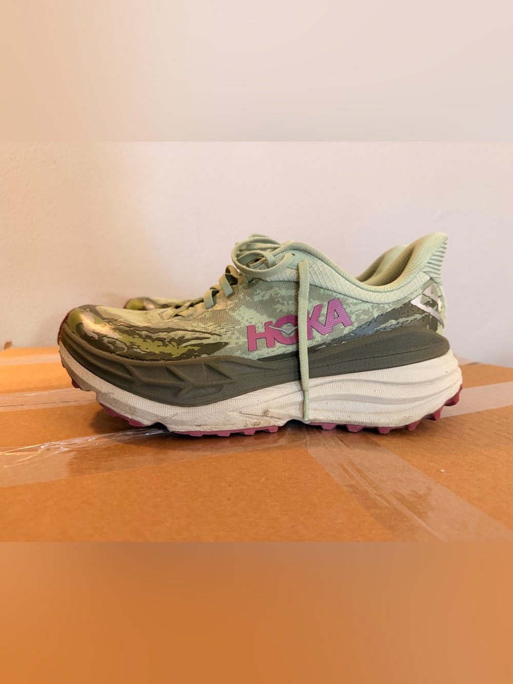 Hoka Women’s rare Stinson 7 Trail Sneaker in Sage Green with Pink Logo
